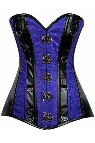 Top Drawer Royal Blue Brocade & Faux Leather Steel Boned Corset - Medium / As Shown