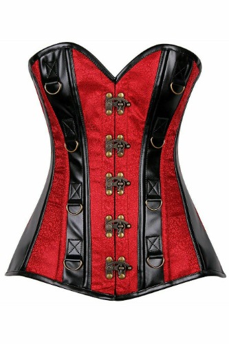Top Drawer Wine Brocade & Faux Leather Steel Boned Corset - Medium / As Shown