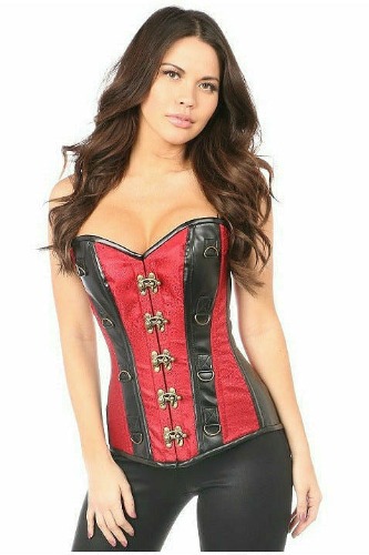Top Drawer Wine Brocade & Faux Leather Steel Boned Corset - Medium / As Shown