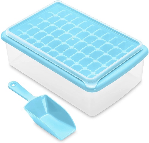 ARTLEO Ice Cube Tray with Lid and Storage Bin for Freezer, Easy-Release 55 Mini Nugget Ice Tray with Spill-Resistant Cover, Container, Scoop, Flexible Durable Plastic Ice Mold & Bucket, BPA Free - Blue 1 Tier