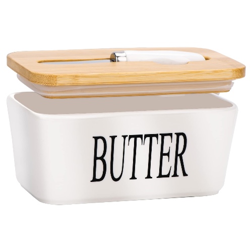 Butter Dish with Lid and Knife, Airtight White Porcelain Butter Container, Large Ceramic Butter Storage with Sealing Covered for Countertop, Butter Dishes, JSHKY - Color-White