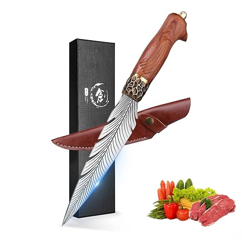 ROCOCO Feather Viking Knife Japanese Forged in Fire Boning Knife Fancy Kitchen Cleaver with Sheath Outdoor Camping BBQ Collection Birthday Thanksgiving Christmas Father Mother Gift 7" - 7 Inches