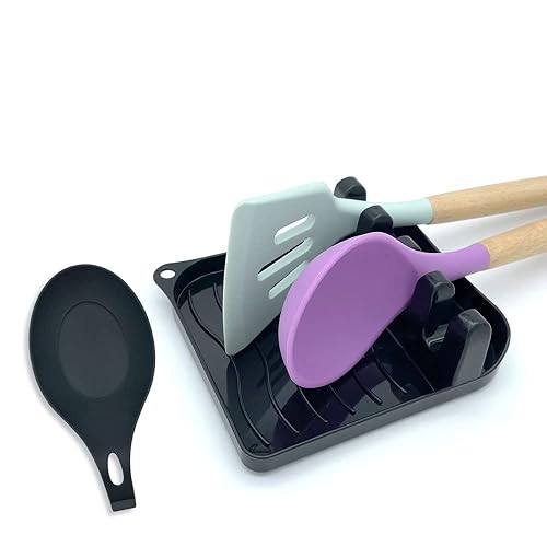 LSVGOE 2 Pack Multiple Utensil Spoon Rest with Drip Pad Non-Slip Heat Resistant Kitchen and Grill Spoon Holder for Spatula, Ladle, Tongs, Kitchen Gadgets, and Cooking Accessories (Bright Black) - Bright Black