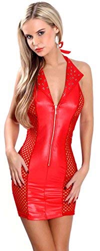 MISS NOIR L118D Damen MiniKleid im Wetlook S-3XL Clubwear Partykleid Mesh-Einsätze V-Ausschnitt Lederlook - XL Rot