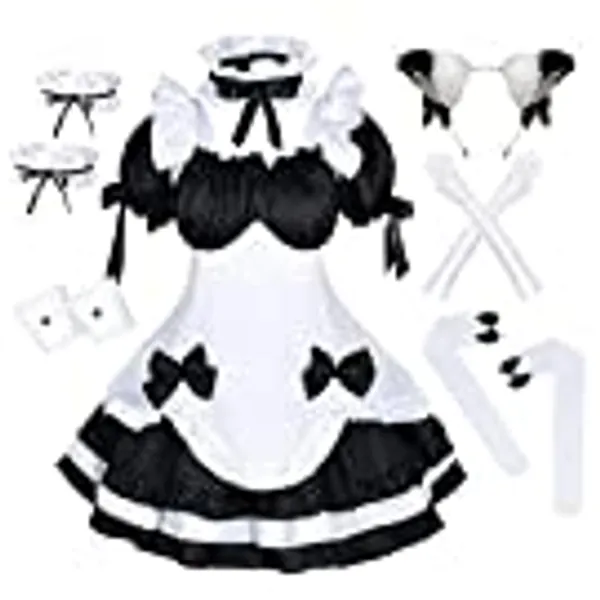Wannsee Anime French Maid Apron Lolita Fancy Dress Cosplay Costume Furry Cat Ear Gloves Socks Set