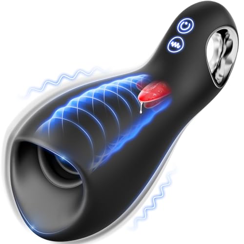 Male Sex Toys for Men Penis Vibrator - 10 Vibrating & 5 Tongue Licking Male Masturbator Penis Trainer Pump with Loop-Handle for Training & Prolong Endurance, 360° Wrapped Mens Stroker Adult Sex Toy - Penis vibrator