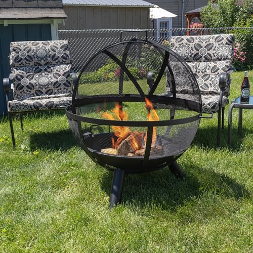 Outdoor Fire Pit Sphere - 30” Flaming Ball Fire Pit with Grill for Barbequing - Firepit Grill Wood Fire Pits for Outside Patio Decor by Pure Garden