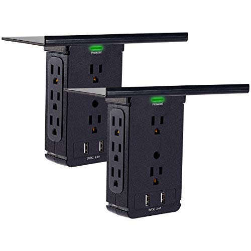 Socket Wall Shelf-CFMASTER 10 Port Surge Protector Wall Outlet, 8 Electrical Outlet Extenders and 2 USB Ports 2.4A, with Removable Built-in Shelf, FCC Listed (2, Black) - Black