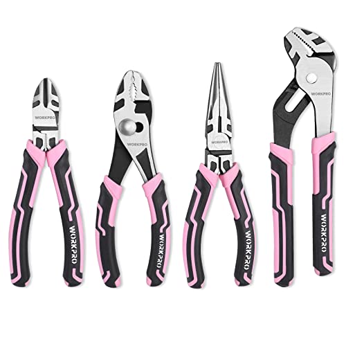 WORKPRO 4-Piece Pliers Set, Premium CR-V Construction Pliers Tool Sets Including Long Nose, Diagonal Cutting, Groove Joint and Slip Joint Pliers - Pink Ribbon - Red