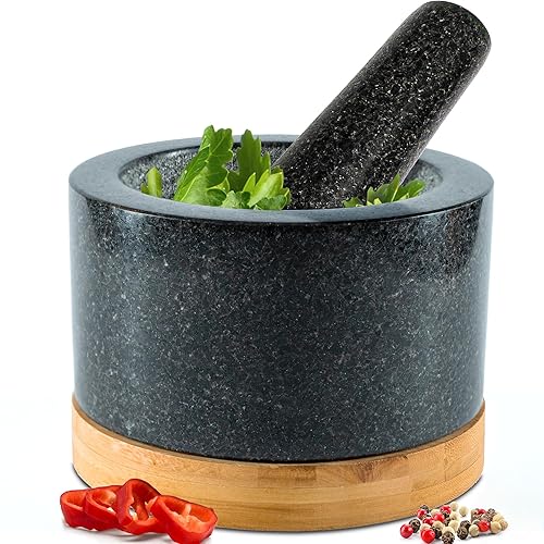 Priority Chef Heavy Duty Mortar and Pestle Set with Bamboo Base, Large 2 Cups, 100% Natural Granite Mortar and Pestle Large Stone Grinder Bowl, Molcajete Bowl, Masher Guacamole Bowls - Polished Black - 2 Cup - Black