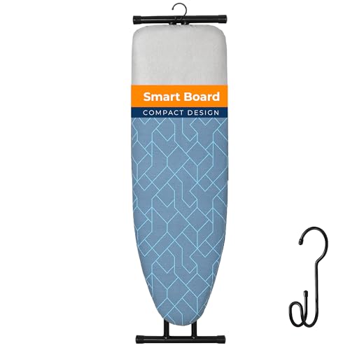 Ironing Board, Compact and Space Saver Foldable Iron Board, Safety Ironing with Park Zone and 3 Layers Extra Thick Cover, Adjustable Height, Easy Storage with Smart Hanger and Lightweight Design - 13"x43" Blue