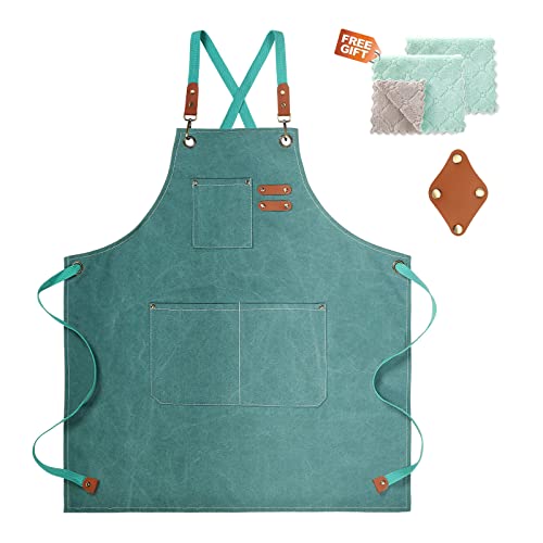 ZOMAO Chef Apron, Cotton Canvas Gardening Apron with Large Pockets for Men and Women,Kitchen Cooking Baking Bib Heavy Duty Adjustable Garden Apron - Emerald Green