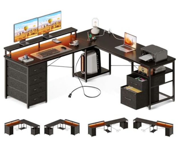 AODK 66" L Shaped Computer Desk, 113“ Reversible Home Office Desk with File Cabinet & 4 Fabric Drawers, Two Person Desk with LED Lights & Power Outlet, Corner Gaming Desk with Monitor Shelf, Black - Black - 66 Inch