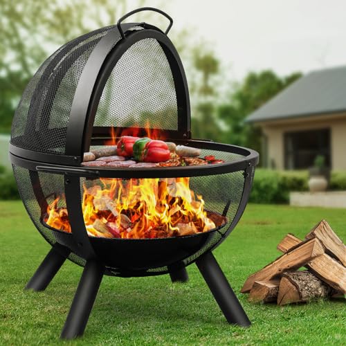 Ikuby Ball of Fire Pit 35" Outdoor fire with BBQ Grill Globe Large Round Pit,Patio Fireplace for Camping, Heating, Bonfire and Picnic - Black