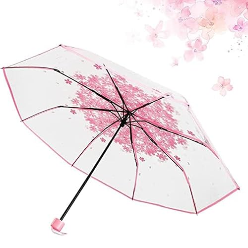 JOBEDE Three Fold Umbrella Women Transparent Clear Cherry Blossom Mushroom Sakura Folding Sunshade Rain Umbrellas