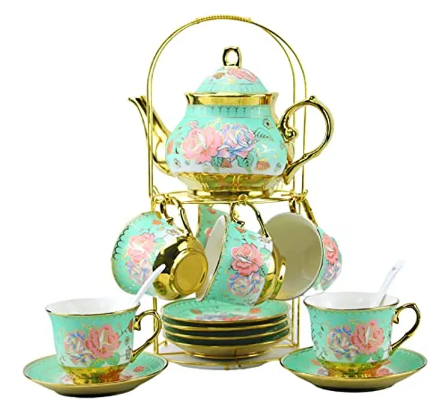 20 Pieces Porcelain Tea Set With Metal Holder, European Ceramic tea set for adults,Flower Tea Set,Tea Set For Women With Flower Painting (Large version, Green)
