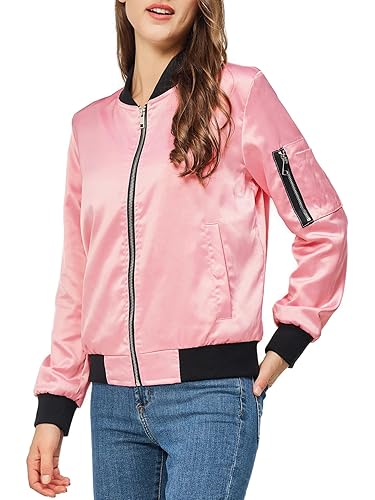 YEABEDA Satin Bomber Jacket Women Casual Fall Varsity Jackets Zip Up Outerwear Windbreaker with Pockets - XX-Large - Pink