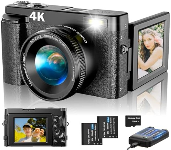 4K Digital Camera for Photography Autofocus, Upgraded 48MP Vlogging Camera for YouTube with SD Card, 3" 180 Flip Screen Compact Travel Camera with 16X Digital Zoom, Flash, Anti-Shake, 2 Batteries - Ink Black