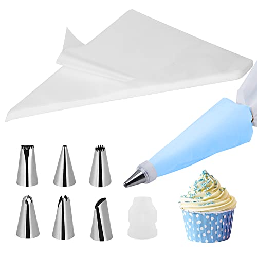 Bigqin 13.7 Inch 100pcs Large Disposable Piping Bags and Nozzles Set of 6 Pcs with Converter, Anti Burst Non-Slip Thicken Icing Piping Pastry Bags for Cookies Cake Decorating Supplies Bags Clear - 100pcs 13.7 Inch Pastry bags+ 6pcs piping tips