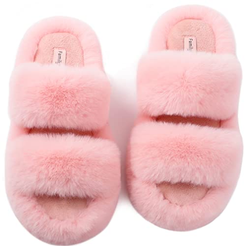 FamilyFairy Womens Fluffy Faux Fur Slippers Comfy Open Toe Two Band Slides with Fleece Lining and Rubber Sole - 9-10 - Pink