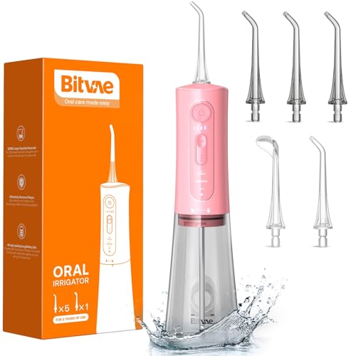 Bitvae Water flosser for Teeth Cleaning, Cordless Water Dental Picks with 6 Tips, 3 Modes Oral Irrigate Jet for Plaque Removal & Oral Gums Care, USB Rechargeable for Tavel and Home Use, Quartz Pink - Quartz Pink