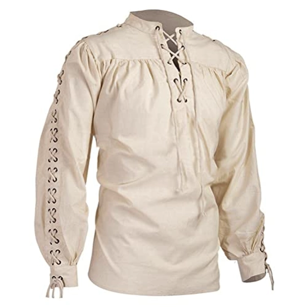 RYCUZYNU Underwear Men's Loose Linen Medieval Gothic Renaissance Shirt Long Sleeve Pirate Mercenary Costume