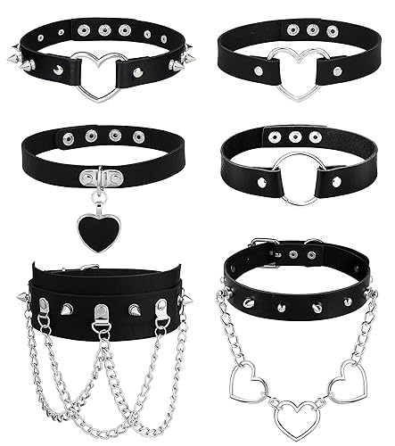 HAIAISO 6-9Pcs Leather Choker Black Punk Goth Choker Necklace Love Heart Spiked Choker Adjustable Pu Choker Collar for Women Girls - 6pcs