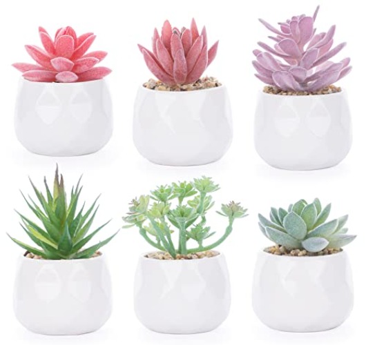 Mini Plantas suculentas Artificiales con Maceta, 6 Piezas de Plantas suculentas,Plantas con macetas de cerámica Blanca y Piedras, Plantas Artificiales suculentas para decoración del hogar Oficina