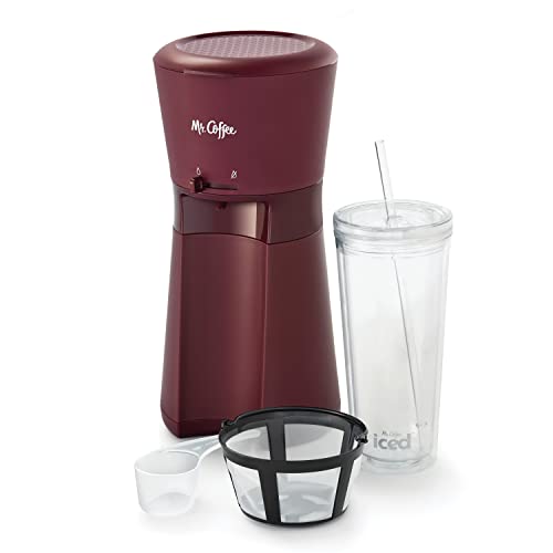 Mr. Coffee Iced Coffee Maker, Single Serve Machine with 22-Ounce Tumbler and Reusable Coffee Filter, Burgundy - Burgundy - Iced Coffee Maker