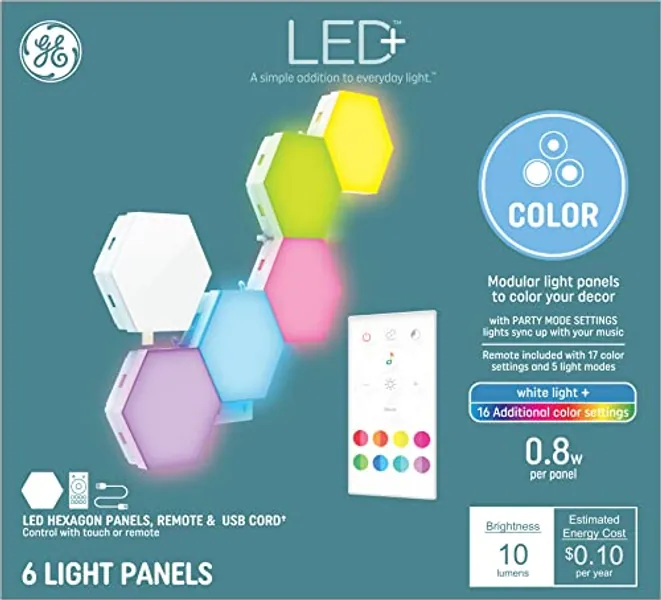 GE LED+ Color Changing LED Hexagon Tile Panels with Remote, No App or Wi-Fi Required, Linking Compatible (6 Pack) - Tiles