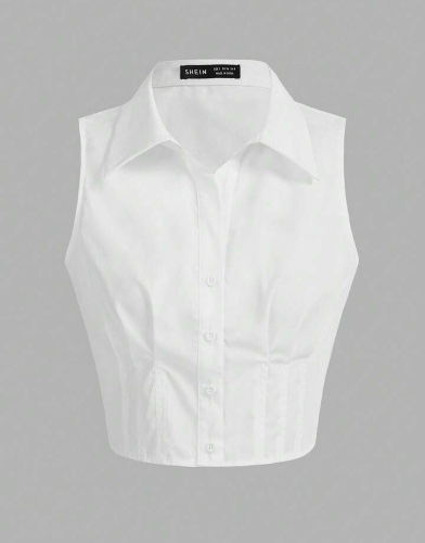 SHEIN EZwear Solid Button Front Sleeveless Crop Shirt,Sleeveless Tops