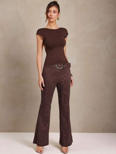 L'Amorae Women Pinstripe Flared Long Pants With Buckle Detail Office Business Casual