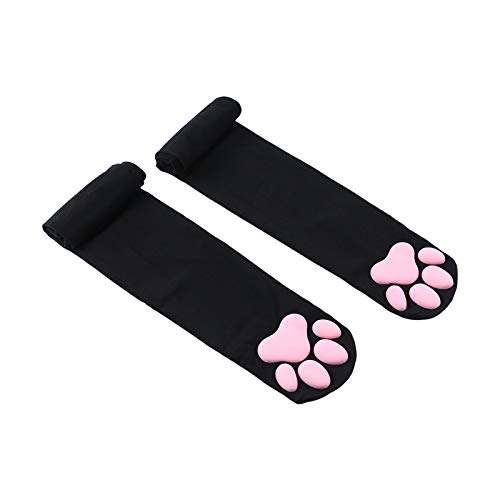 Women 3D Pink Cat Paw Pad Cushion Silk Stockings Kawaii Lolita Block Socks Thigh High Sock Cute Claw E-Girl Socks - One Size - Black Pink