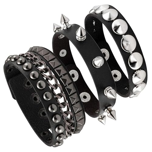 Eigso 3 Pcs Leather Punk Bracelets for Men Women of Rock Rivet Wrap Retro Spike Bracelet Adjustable - Black-1