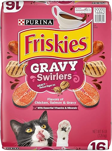 Purina Friskies Dry Cat Food Gravy Swirl'd With Flavors of Chicken, Salmon and Gravy - 16 lb. Bag - Chicken, Salmon - 16 Pound (Pack of 1)
