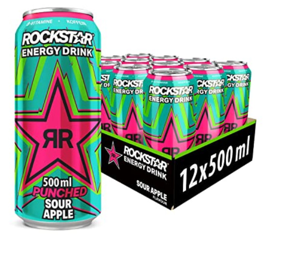 Rockstar Energy Drink Super Sours Green Apple - Saures, koffeinhaltiges Erfrischungsgetränk für den Energie Kick, EINWEG (12x 500ml) - Green Apple - 500 ml (12er Pack)