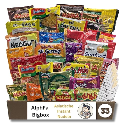 AlphFa-Bigbox - 33 Asiatische Instant Nudeln, Ramen aus versch. Geschmacksrichtungen z.B. Shrimps, Schwein, Ente, Rind, Huhn - Asia Nudeln ideal als Geschenkbox inkl. Bewertungskarte & 5x Essstäbchen - 33 teiliges Set