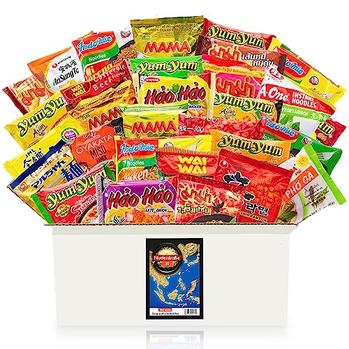 Nudelstraße Box mit 30 asiatischen Instant-Nudeln - Ramen und Nudelsuppen aus Japan, Korea, Thailand und Vietnam, zufällige Mischung aus vielseitigen Geschmacksrichtungen und Sorten - Asia Food Box