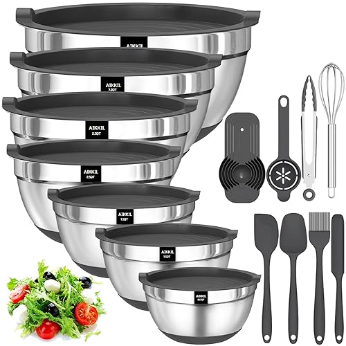 AIKKIL Mixing Bowls with Airtight Lids, 20 piece Stainless Steel Metal Nesting Bowls, Non-Slip Silicone Bottom, Size 7, 3.5, 2.5, 2.0,1.5, 1,0.67QT Great for Mixing, Baking, Serving (Grey) - Gray