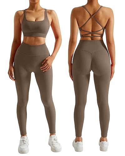 RXRXCOCO Ribbed Workout Sets for Women 2 Piece Backless Strappy Sports Bra Seamless Leggings Matching Set Yoga Outfits - Medium - #004 Brown
