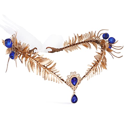 MOSTORY Handmade Gold Flower Crown Fairy Goddess Leaf Headpiece Elf Woodland Headband Blue Crystal Berry Circlet Tiara for Women Girls Reneaissance Halloween Princess Cosplay Prom - blue and gold