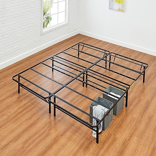 Amazon Basics Bed Frame with Storage, Foldable Metal Platform, Sturdy Steel, No Box Spring Needed, 14-inch High, Tool-Free Setup, Queen Size, Black - Queen - 14-Inch