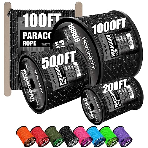 Reflective Paracord Rope 1000Ib - 50ft 100ft 200ft 500ft 1000ft 4mm 12 Strand para Cords Lanyard Utility Parachute Cord for Tent Camping Hiking Fishing Survival Tactical Clothesline DIY Projects - Black - 200ft
