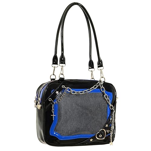 Chillpaper Ita Purse Crossbody Bag Kawaii Japanese Messenger Bag Transparent Pin Display with Insert Pompom Keychain Cute - Blue Black Leather