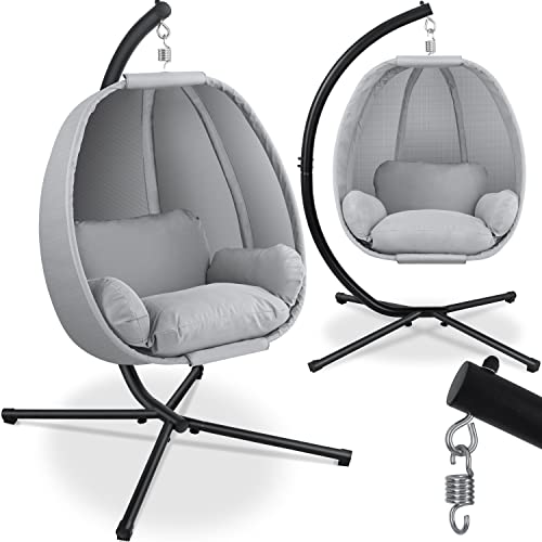 KESSER® Luxe Hängesessel mit Gestell + weicher Sitzkissen, Seitenpolsterung, Sitz- und Rückenkissen Hängekorb Indoor & Outdoor, Garten Schaukel Korb Hängestuhl Stabiler Standfuß, max. 150 kg Grau - Grau
