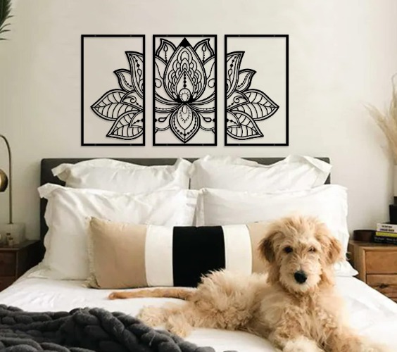ESTART Large Lotus Flower Metal Wall Art 3-piece Set, Religion Faith Mandala Home Wall Decoration for Living Room, Bedroom, Office and Yoga Room (Small, Black)