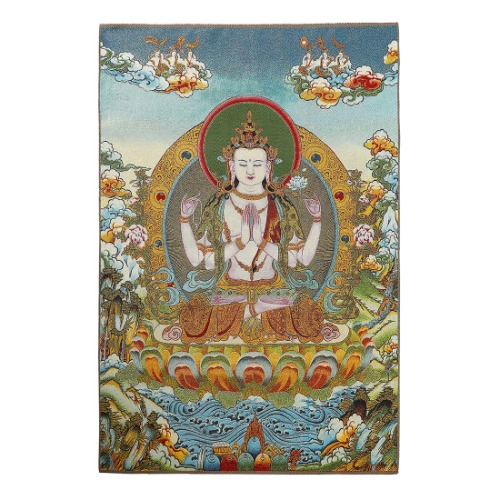 ZenBless Prime Feng Shui Silk Embroidery Tibetan Thangka with Four Arms Kwan Yin Avalokitesvara Lotus Seat Wall Hanging for Home Décor Thangka Meditation