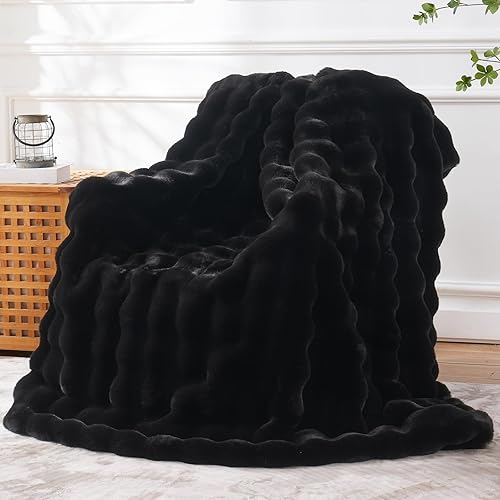 Faux Fur Throw Blanket Soft Plush Fluffy Blanket for Couch Sofa, Thickened Cozy Fuzzy Luxury Bubble Blanket for Bedroom Living Room Decor,Black,50" x 60",1100GSM - Thickened Throw(50" x 60") - Black