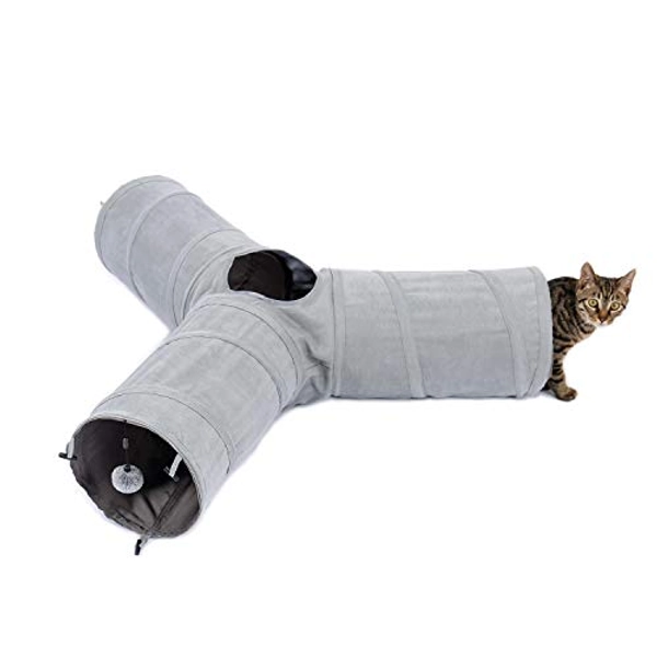 PAWZ Road Cat Tunnel 3 Way Collapsible Cat Play Tube with Detachable Dangling Ball 10.5 Inches in Diameter for Cat, Kitties, Rabbit and Small Puppy
