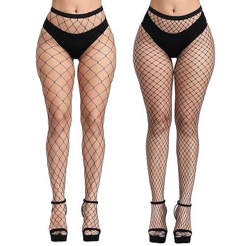 CHRORINE 2 Pair Black Fishnet Stockings 2 Styles High Waist Tights for Women Thigh Pantyhose Stockings